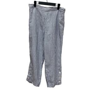 Chico's 2 Pants Women's 12 Linen Striped Pull On Buttons At Hem Coastal Vacation